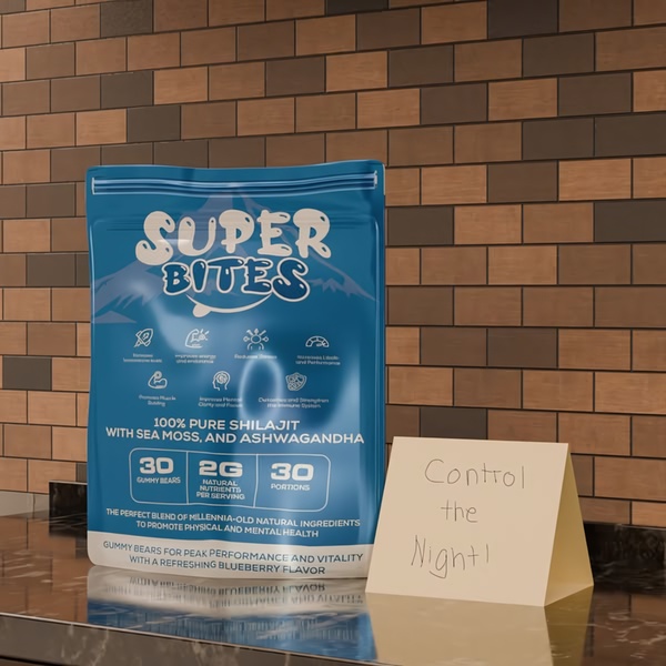 A clean, high-contrast studio shot of a Shilajit supplement bag paired with a handwritten 'Control the Night!' note on a modern kitchen counter.